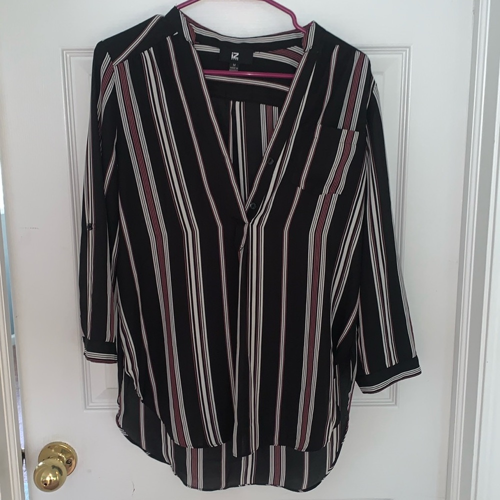 Semi sheer striped blouse. 3/4 long sleeve. Black, white, purple.